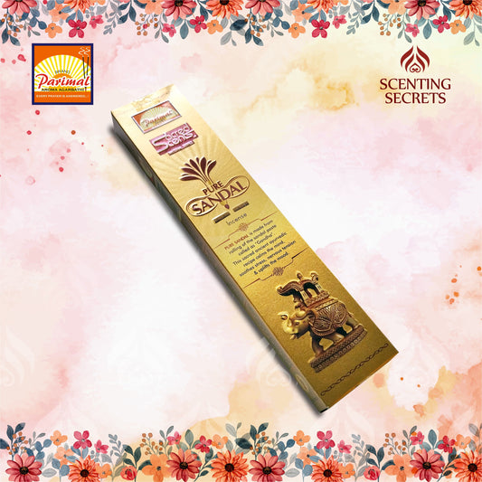 Packaging of Pure Sandal incense sticks by Parimal mandir with floral background and a gold-colored box.
