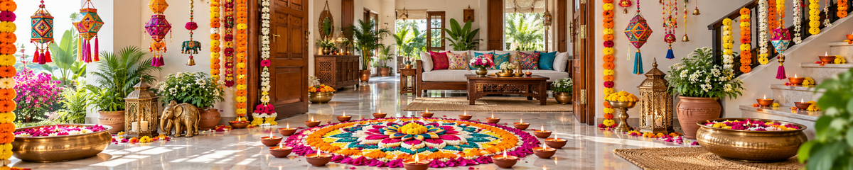 Colourful Diwali home decoration ideas featuring an intricate floral rangoli, traditional diyas, marigold garlands, hanging lanterns, brass urlis and festive staircase decorations in natural daylight.