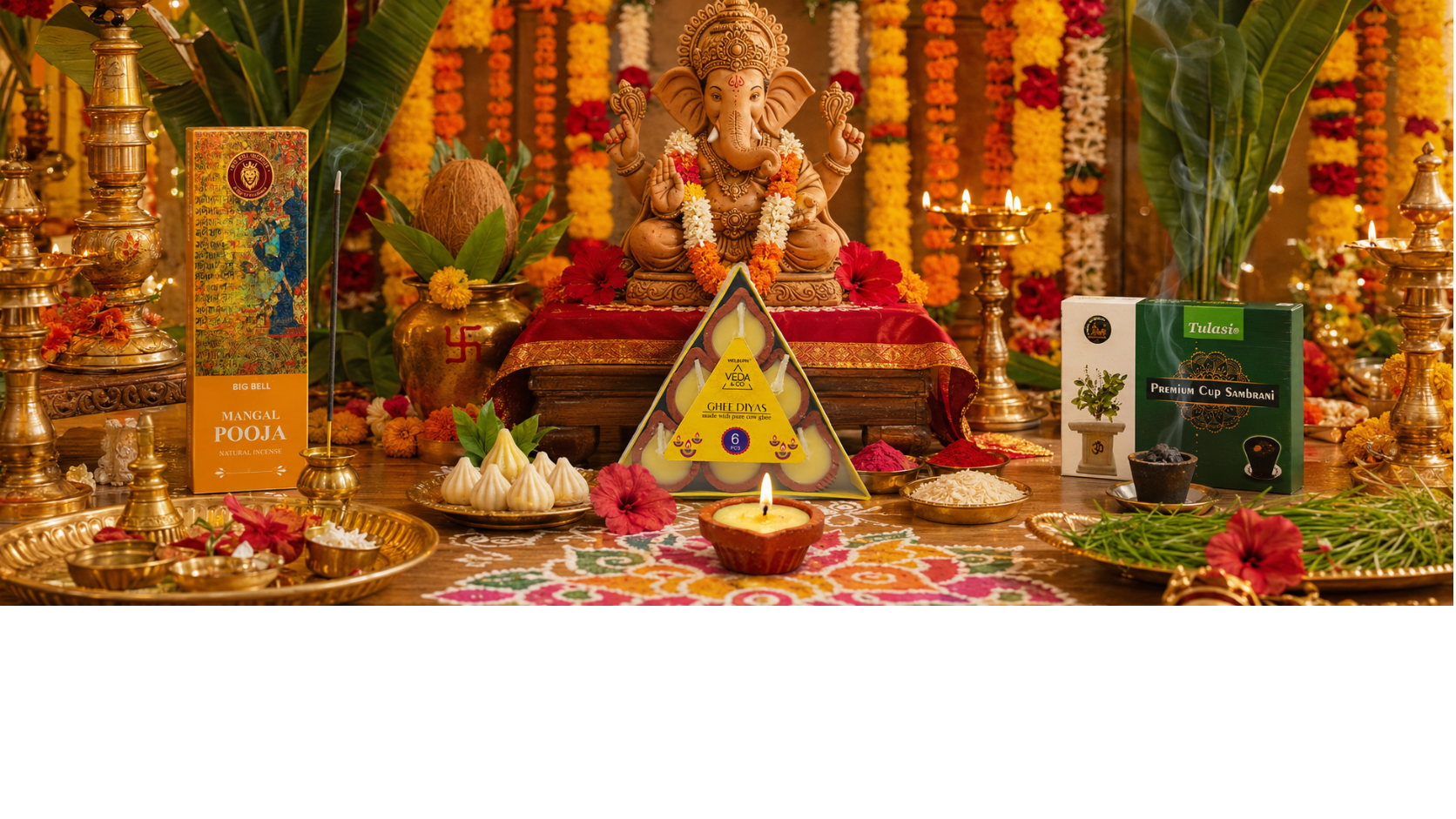  Traditional Ganesh Chaturthi puja with a Ganesha idol, Mangal Pooja incense, Veda ghee diyas and Tulasi cup sambrani.