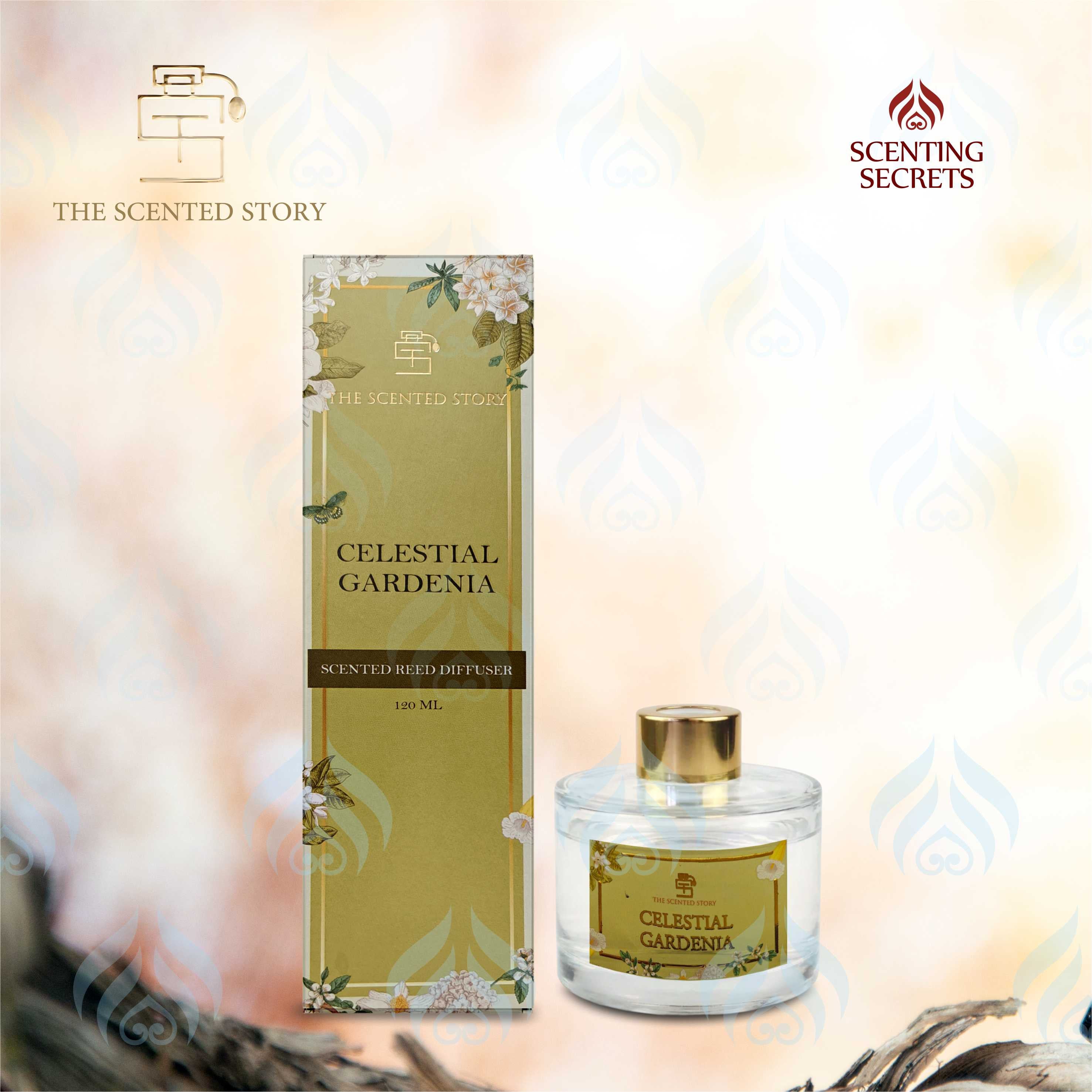Scented diffuser packaging with 'Celestial Gardenia' branding on a soft, blurred background.