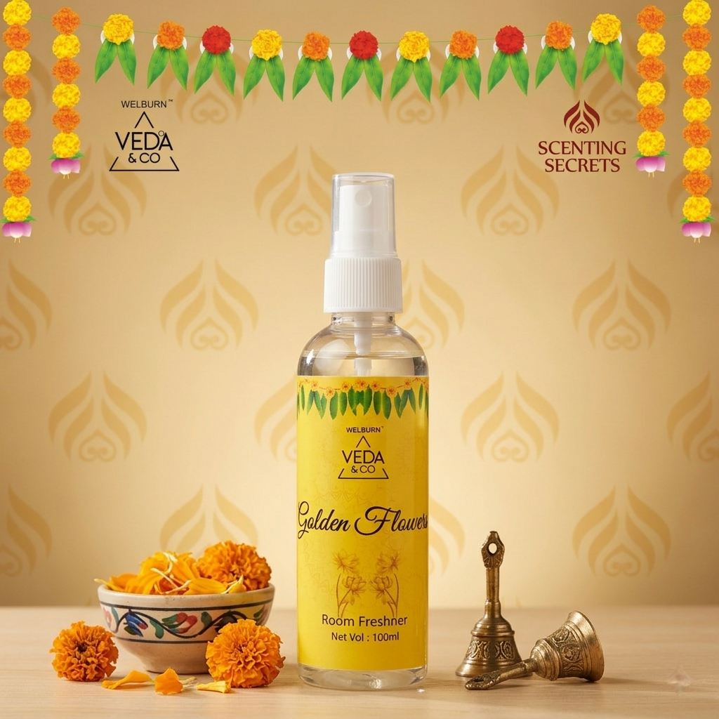Golden Flower pooja themed room spray by Veda & Co