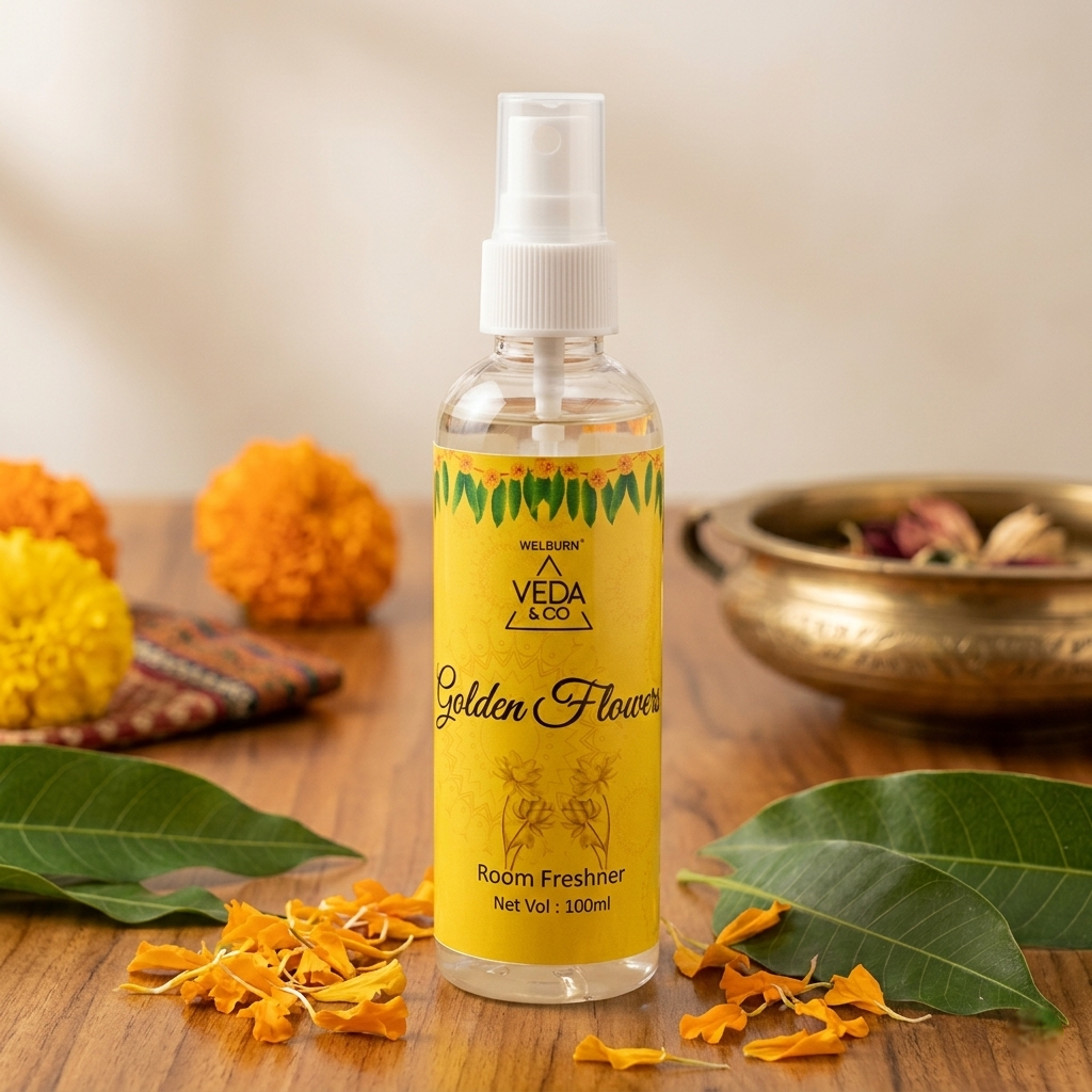 Golden Flower pooja themed room spray by Veda & Co