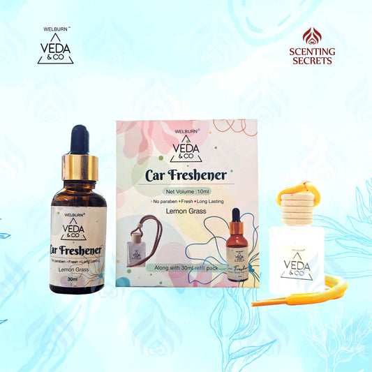 Veda & Co car freshener product with packaging on a light blue background