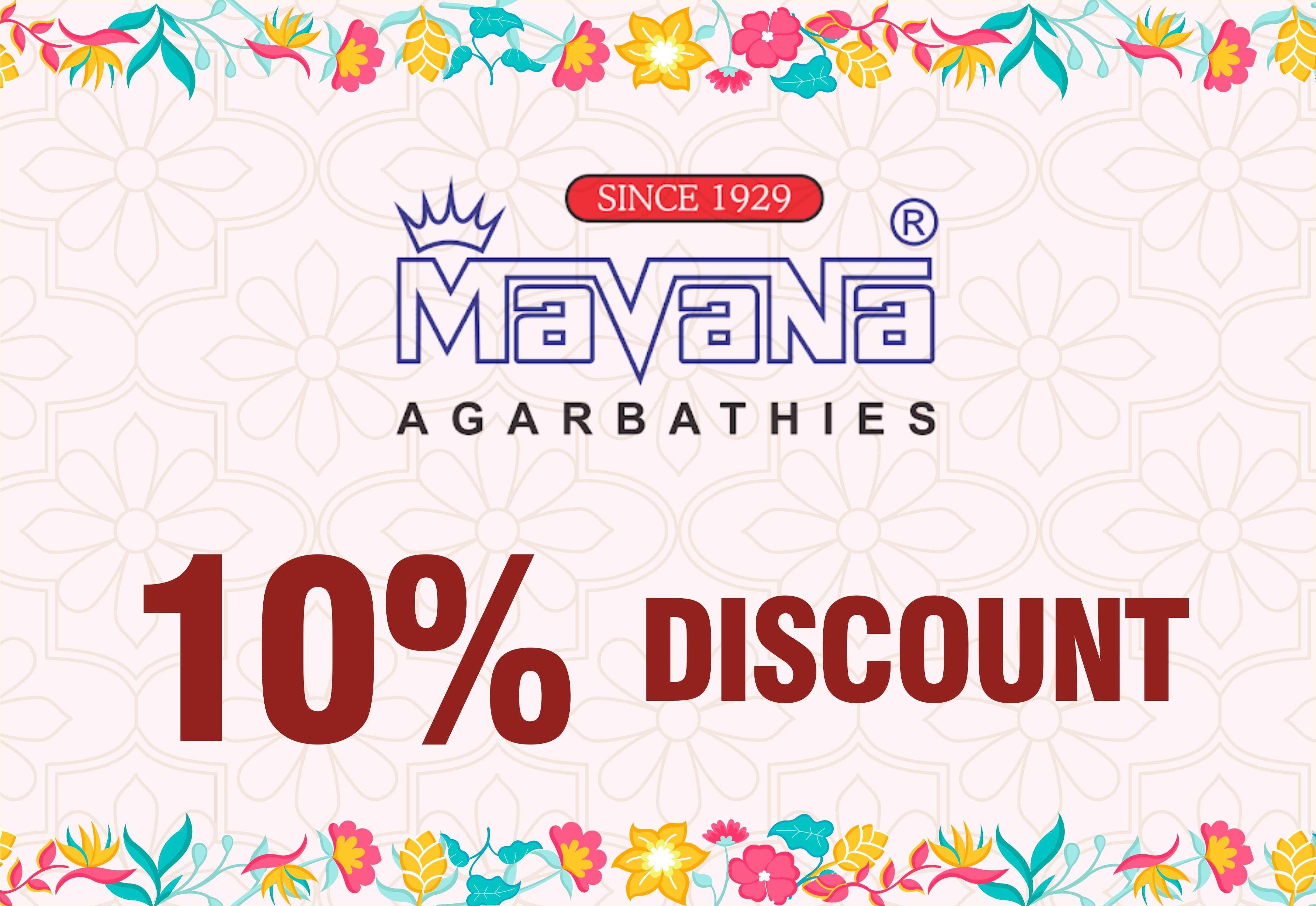 Mavana Agarbathies promotional banner with 10% discount offer on a white background with floral designs.