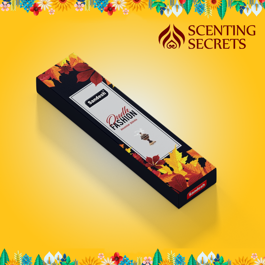 A box of Oudh fashion Premium Incense sticks by Sandesh Agarbathi Co with a floral design and the brand name visible.