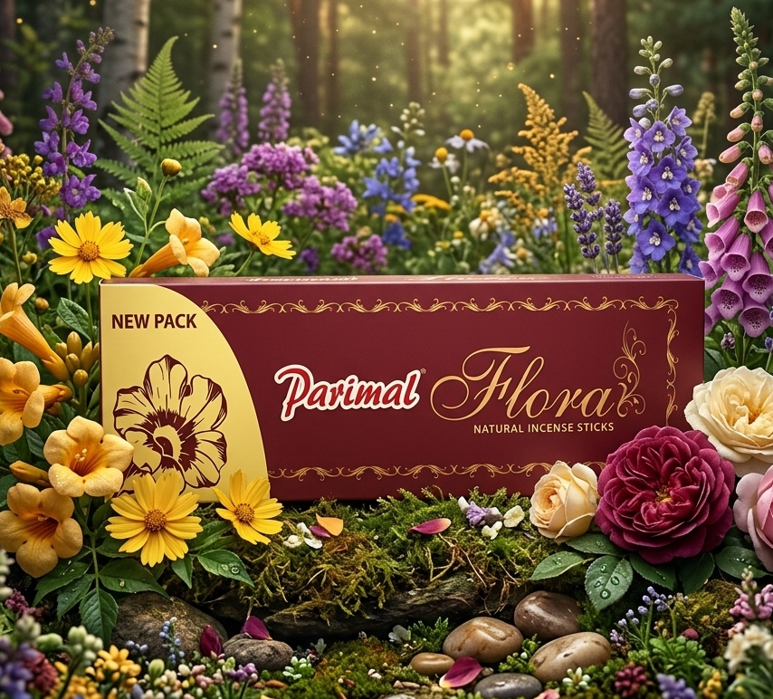 Parimal Flora natural incense sticks packaging surrounded by colorful flowers and greenery