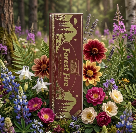 Forest Fire natural incense packaging surrounded by colorful flowers in a forest setting