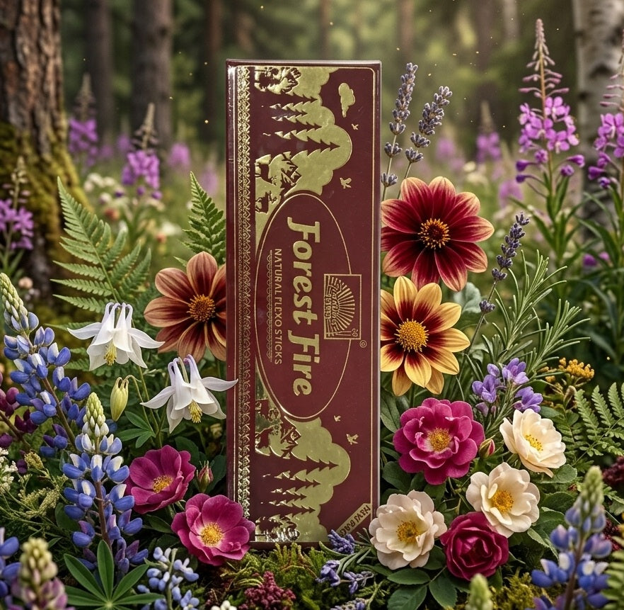 Forest Fire natural incense packaging surrounded by colorful flowers in a forest setting