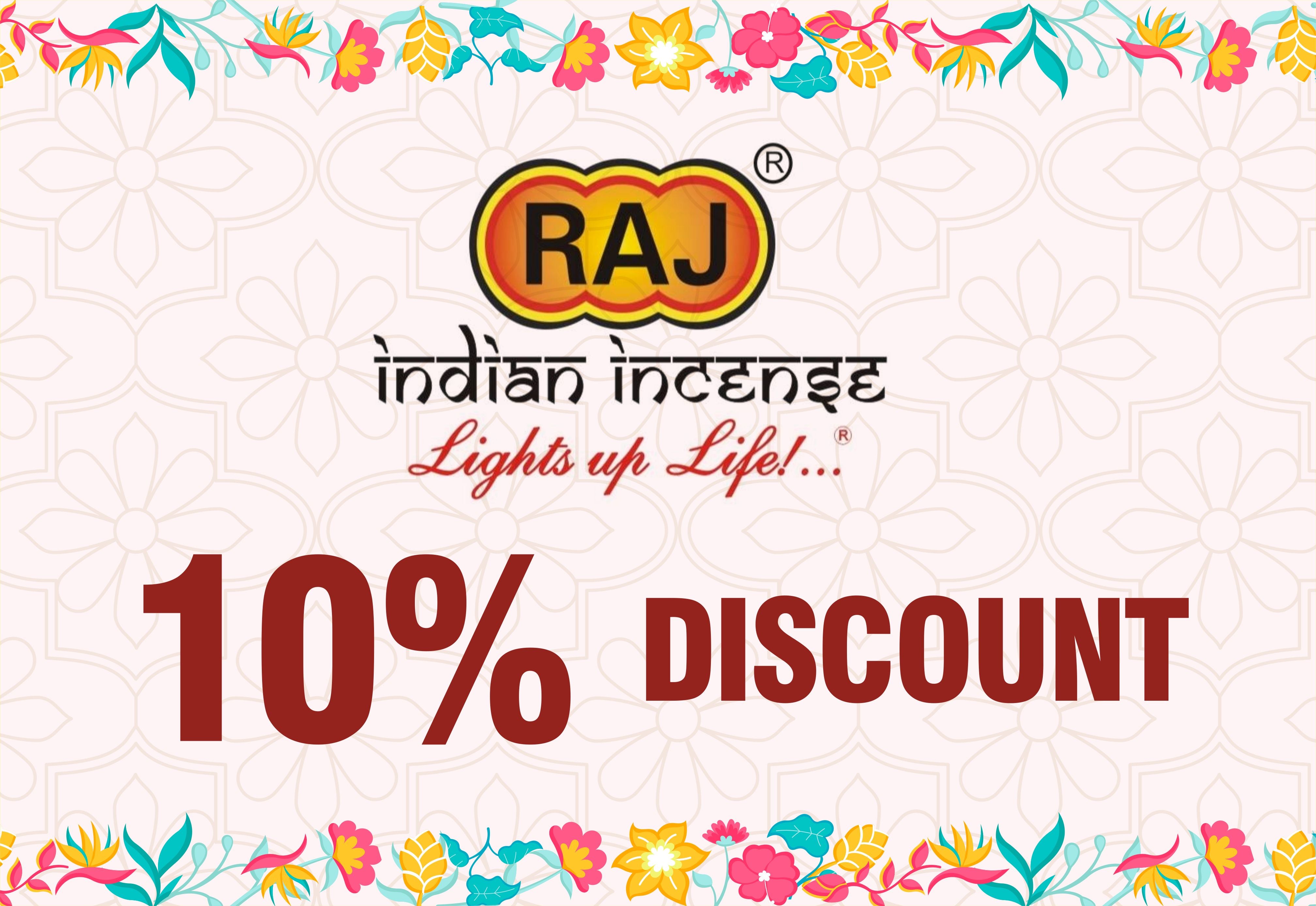 Raj Indian Incense promotional banner with 10% discount offer on a decorative background.