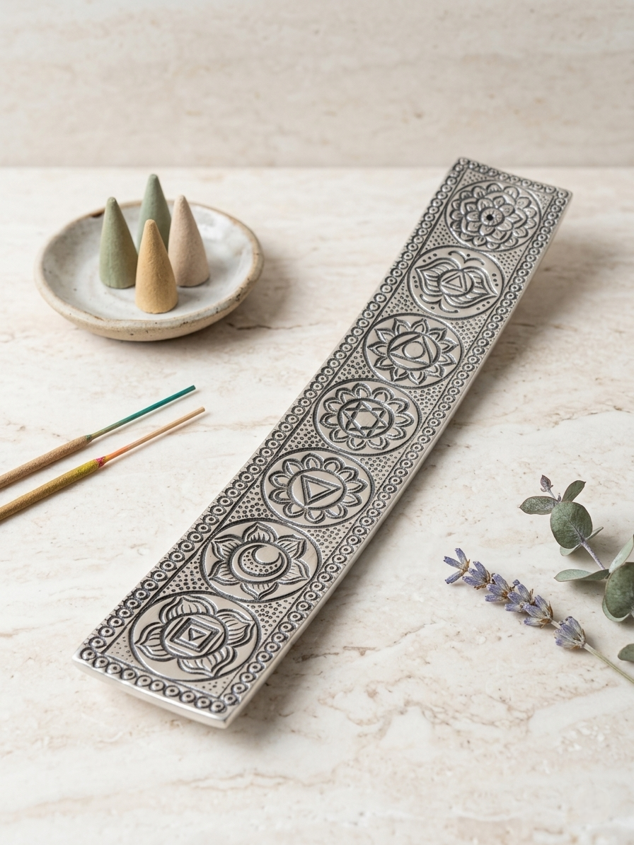 Seven Chakras rectangular metal incense holder