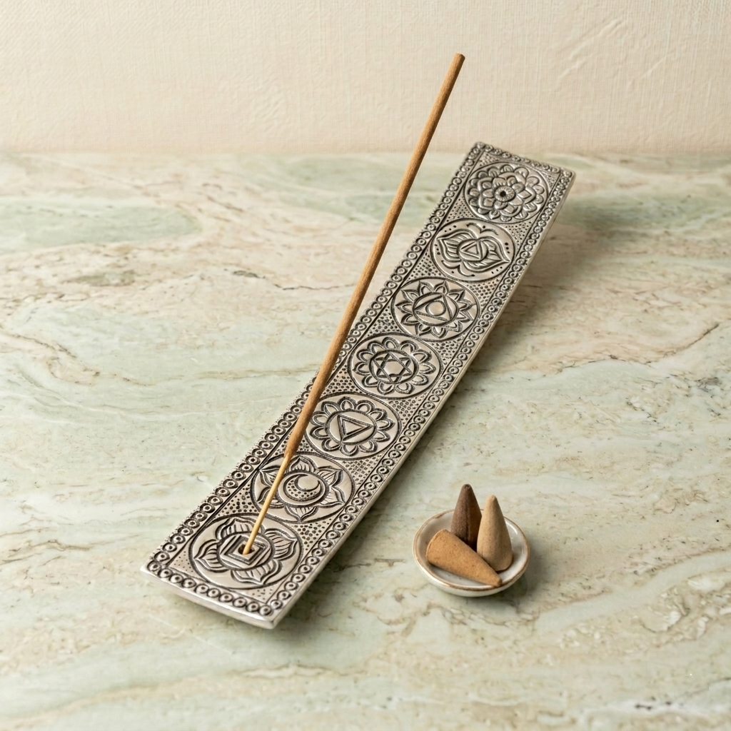 Seven Chakras rectangular metal incense holder