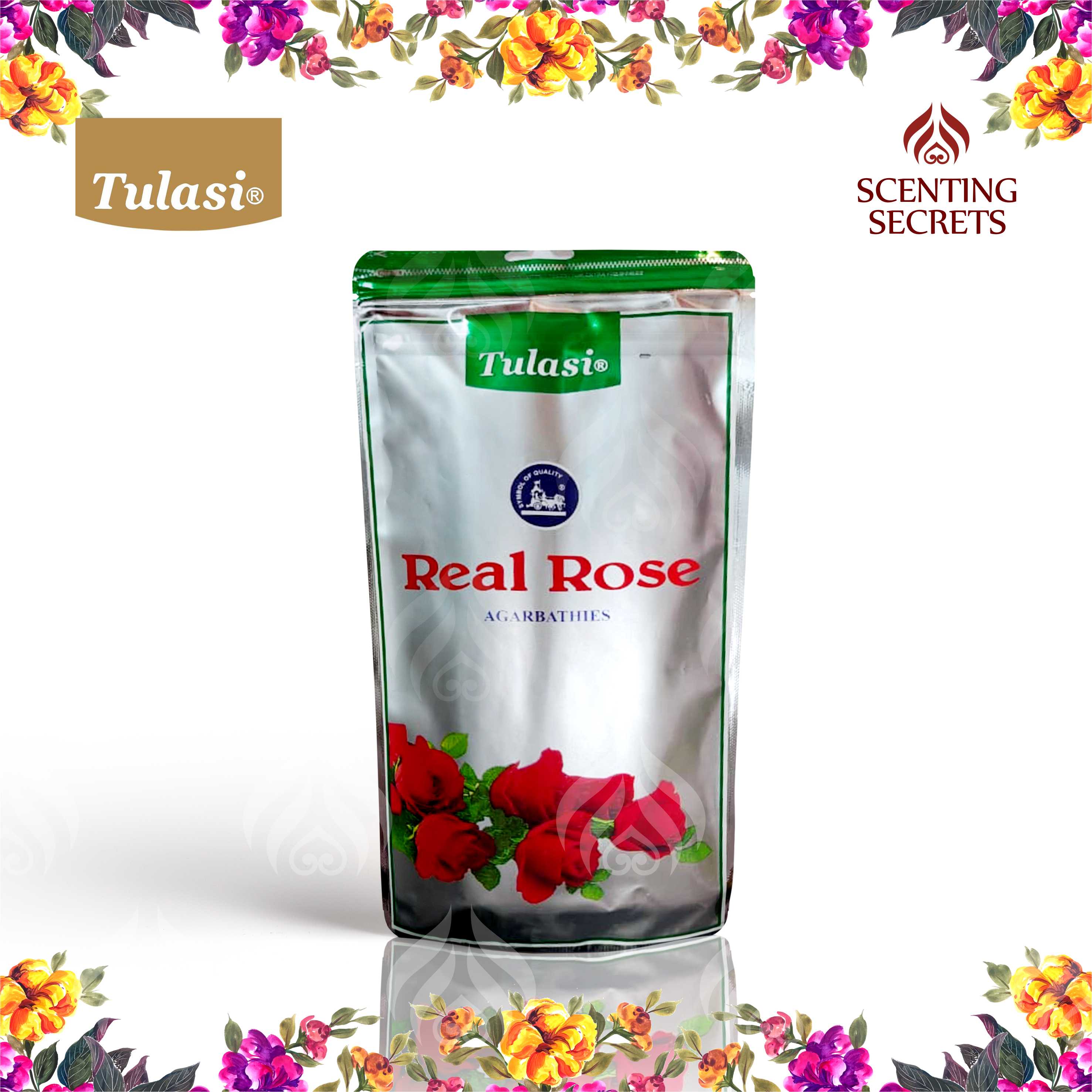 Tulasi Real Rose packaging with floral decorations on a white background