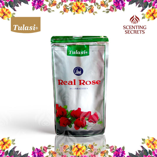 Tulasi Real Rose packaging with floral decorations on a white background
