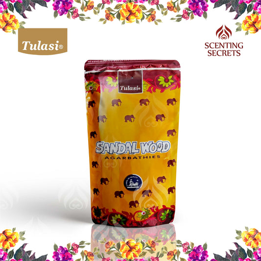 Tulasi Sandal Wood Agarbathies packaging with floral decorations on a white background